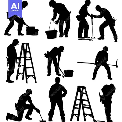 Aset premium populer: Silhouettes of Construction Workers and Their Tools