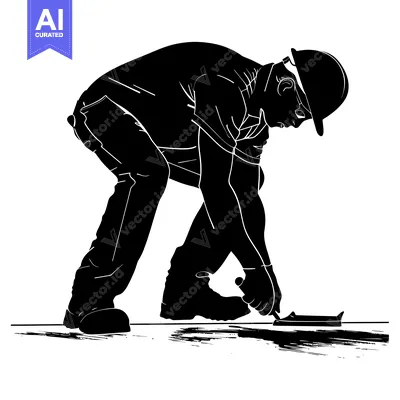 Aset desain premium: A Black and White Silhouette of a Construction Worker Using a Trowel