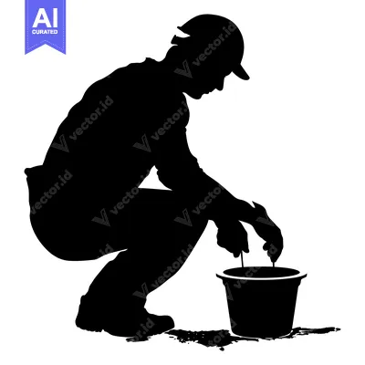 Aset desain premium: Silhouette of a construction worker in a hard hat, squatting, and usin