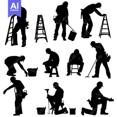 Silhouettes of Construction Workers in Various Positions with Tools an