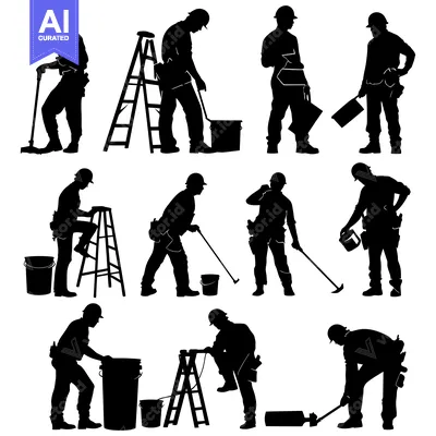 Aset desain premium: Silhouettes of Construction Workers with Tools and Ladders
