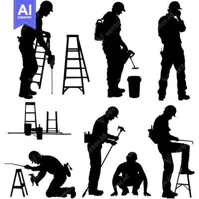 Aset premium populer: Silhouettes of Construction Workers with Tools and Ladders