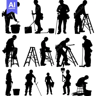 Aset desain premium: Silhouettes of Construction Workers Using Ladders, Tools, and Buckets