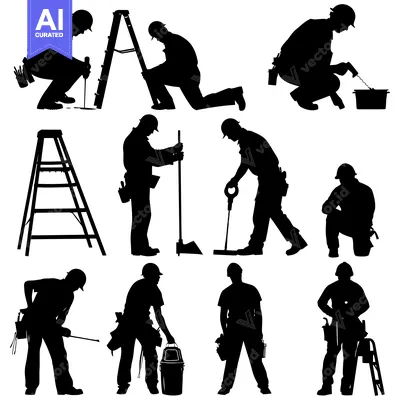 Silhouettes of Construction Workers with Tools and Ladders
