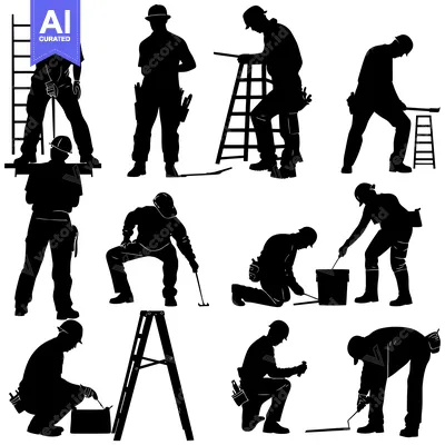 Aset premium populer: Nine Silhouettes of Construction Workers in Various Working Positions