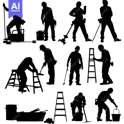 Aset premium populer: Silhouettes of Construction Workers with Tools and Ladders