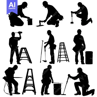 Silhouettes of Construction Workers with Tools and Ladders