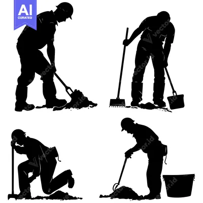 Popular premium asset: Four Silhouettes of Workers Cleaning Up with Shovels and Brooms