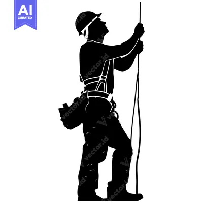 Aset desain premium: Silhouette of a construction worker climbing a vertical pole with a ha