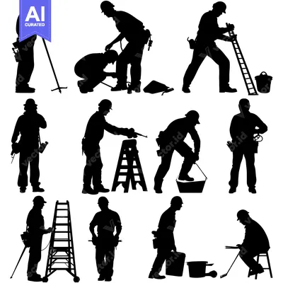 Aset desain premium: Silhouettes of Construction Workers with Tools and Equipment