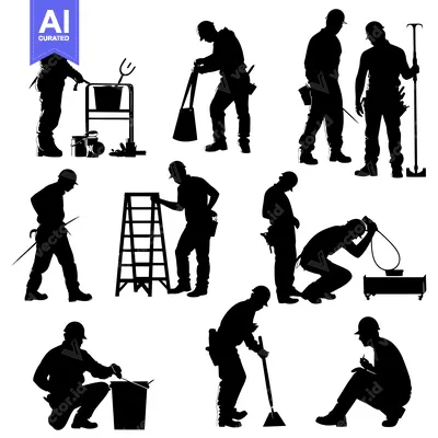 Premium design asset: Silhouettes of Construction Workers Performing Various Tasks