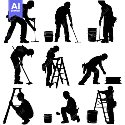 Aset desain premium: Silhouettes of Construction Workers Using Tools and Ladders