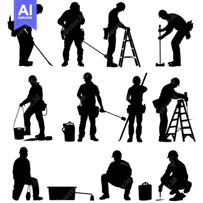 Aset desain premium: Silhouettes of Construction Workers Performing Various Tasks