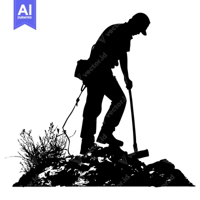 Silhouette of a man with a pickaxe digging in a rocky landscape