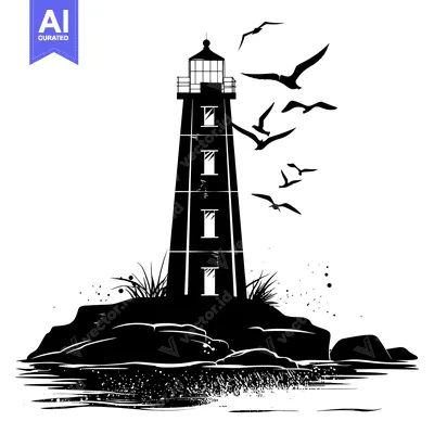 Popular premium asset: A Silhouette of a Lighthouse on a Rocky Outcropping with Flying Birds