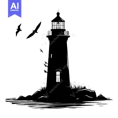 Premium design asset: A Black and White Silhouette of a Lighthouse on an Island with Seagull