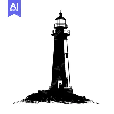 Aset desain premium: Black and White Silhouette of a Lighthouse on a Cliff