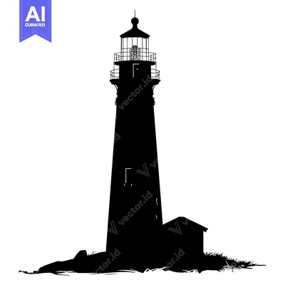 Aset desain premium: Silhouette of a Lighthouse with a Small Building Beside it