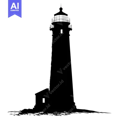 Aset desain premium: Black and White Silhouette of a Lighthouse on a Rocky Shore
