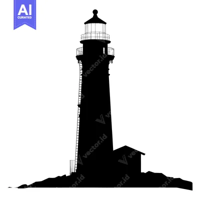 Aset desain premium: Black and White Silhouette of a Lighthouse on a Rocky Coast