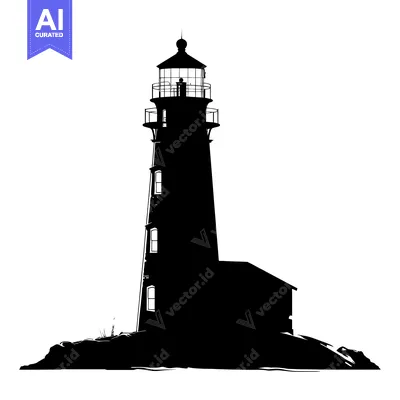 Premium design asset: Black and White Silhouette of a Lighthouse on a Rocky Outcropping
