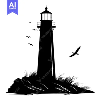 Aset premium populer: Silhouette of a lighthouse on a rocky shore with seagulls flying overh