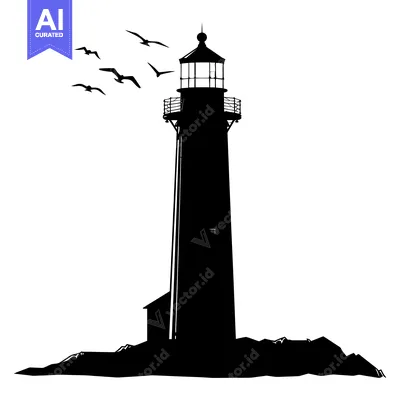Aset premium populer: Silhouette of a Tall Lighthouse on a Rocky Shore with Birds Flying Ove