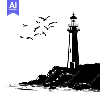 Aset premium populer: Silhouette of a Lighthouse on a Rocky Coastline with Birds Flying Over
