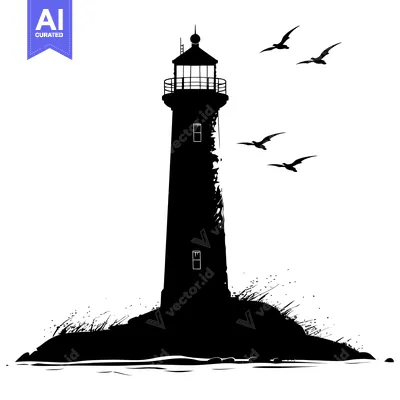 Premium design asset: Silhouette of a Lighthouse on a Rocky Island with Flying Birds