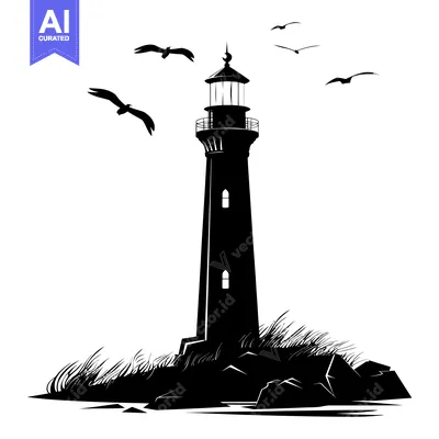Popular premium asset: Silhouette of a Lighthouse on a Rocky Shore with Seagulls Flying Above
