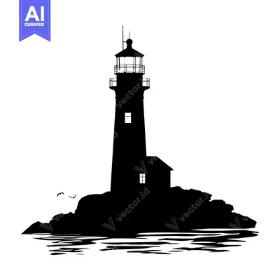 Aset premium populer: Silhouette of a Lighthouse on a Rocky Outcropping with Birds Flying Ov