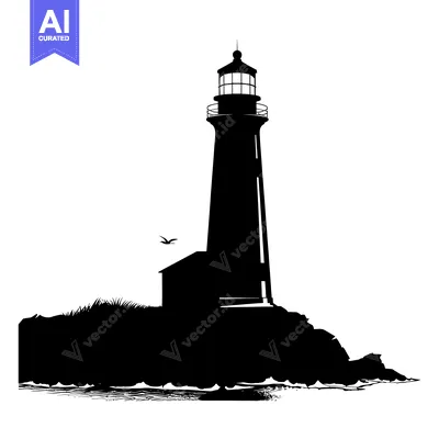 Aset desain premium: Silhouette of a Lighthouse on a Rocky Coastline with a Bird Flying Ove