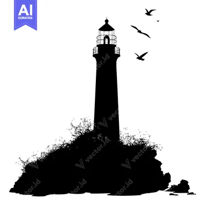 Black Silhouette of a Lighthouse on a Rocky Island with Birds Flying O