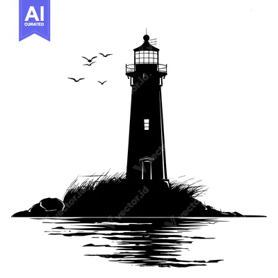 Silhouette of a Lighthouse on a Rocky Outcropping with Birds Flying Ov