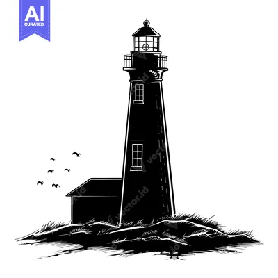 Aset desain premium: Black and White Silhouette of a Lighthouse on a Cliff