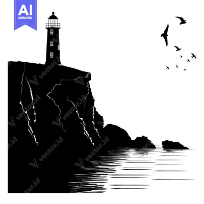 Premium design asset: Lighthouse on a Cliff with Birds Flying Overhead