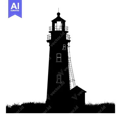 Aset desain premium: Black and White Silhouette of a Lighthouse with a Small Building and G