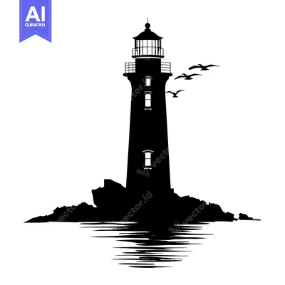 Popular premium asset: Silhouette of a lighthouse with seagulls flying over it