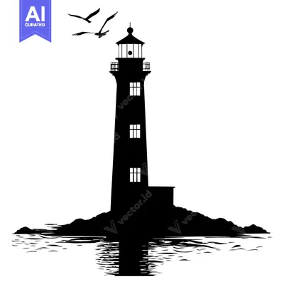 Aset desain premium: Silhouette of a Lighthouse with Birds Flying Overhead
