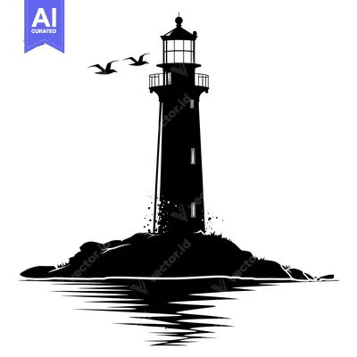 Popular premium asset: A Black and White Silhouette of a Lighthouse on a Rocky Island with Bi