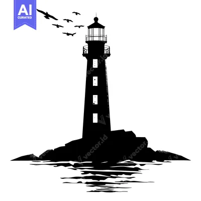 Aset desain premium: Silhouette of a Lighthouse on a Rocky Shore with Birds Flying Overhead