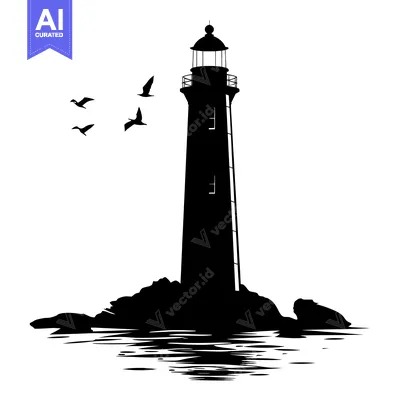 Aset premium populer: Silhouette of a lighthouse on a rocky shore with seagulls flying overh