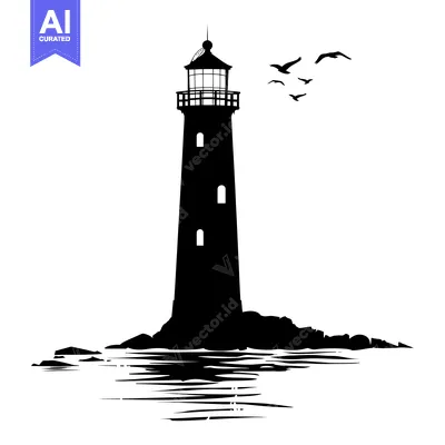 Aset premium populer: Silhouette of a Lighthouse on a Rocky Coast with Birds Flying Overhead