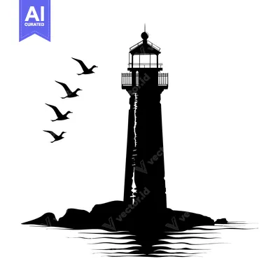 Aset desain premium: Silhouette of a Lighthouse on a Rocky Shore with Flying Birds