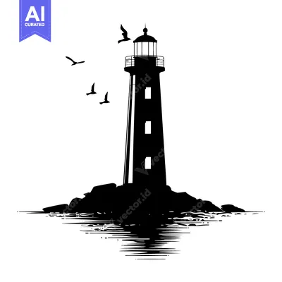 Black and White Silhouette of a Lighthouse on a Rocky Outcropping with