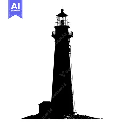 Aset desain premium: Silhouette of a Tall Lighthouse on a Rocky Coastline