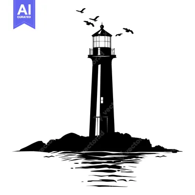 Premium design asset: Silhouette of a Lighthouse on a Rocky Coast with Birds Flying Overhead