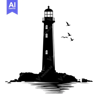 Popular premium asset: Silhouette of a Lighthouse on a Rocky Outcropping with Seagulls Flying