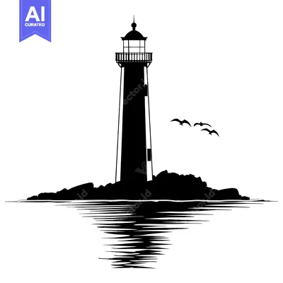 Premium design asset: Black and White Silhouette of a Lighthouse on a Rocky Outcropping with