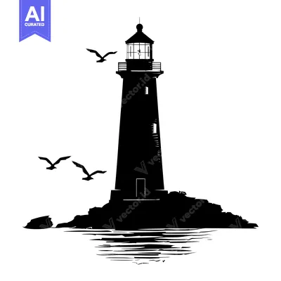 Silhouette of a lighthouse on a rocky coast with seagulls flying overh